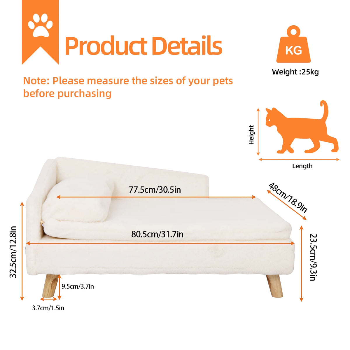 Borwart Elevated Dog Sofa With Plush Cushion And Wooden Legs