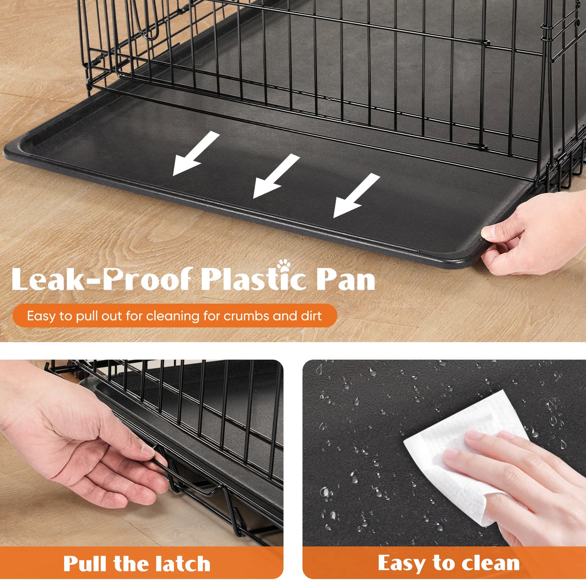 JHK 48 Inch Double Door Folding Dog Cage - Leak Proof Secure Pan Tray