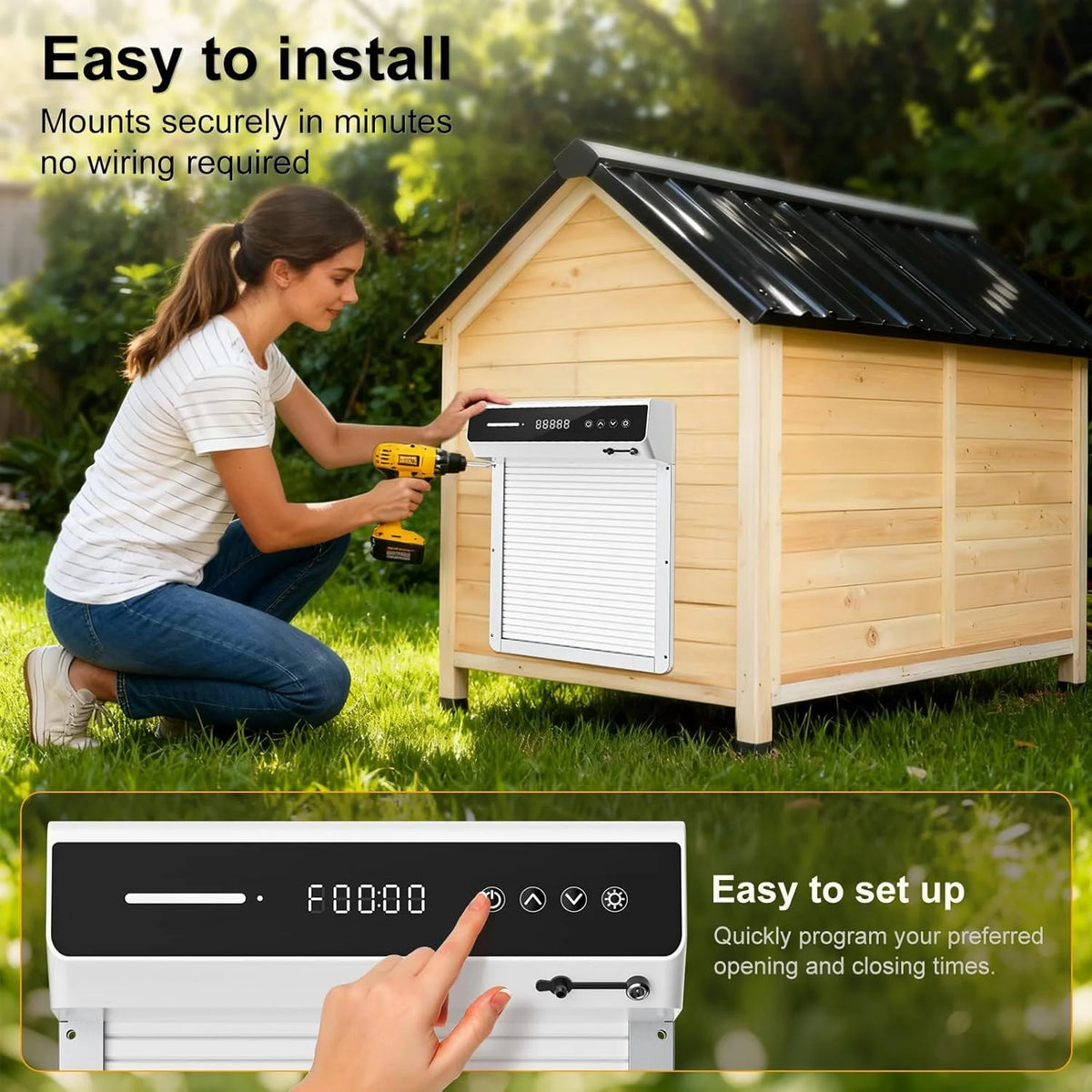 Solar Powered Chicken Coop Door Automatic Rolling Shutter Door with LCD Display Screen, Light Sensing Timed Pet Door,Support USB Charging Auto Open Close Chicken Door for Farm Backyard