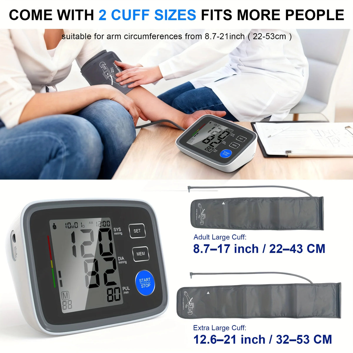Automatic Upper Arm Blood Pressure Monitor with 2 Cuffs 22-43 cm and 32-53 cm, Large LCD, 2 Users, 180-Reading Memory, Pulse Rate for Home Use