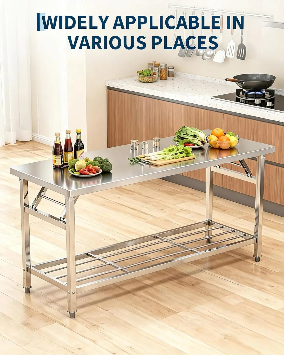 Stainless Steel Folding Prep Table with Undershelf for Home 700 lbs heavy load foldable portable design anti-slip adjustable legs easy wipe clean f