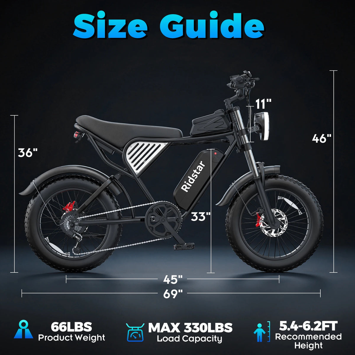 Ridstar Q50-25 2000W Electric Bike for Adults 48V 25Ah Detachable Battery 7 Speed 88 Miles Electric Motorcycle 20’’ Fat Tire E-Mou