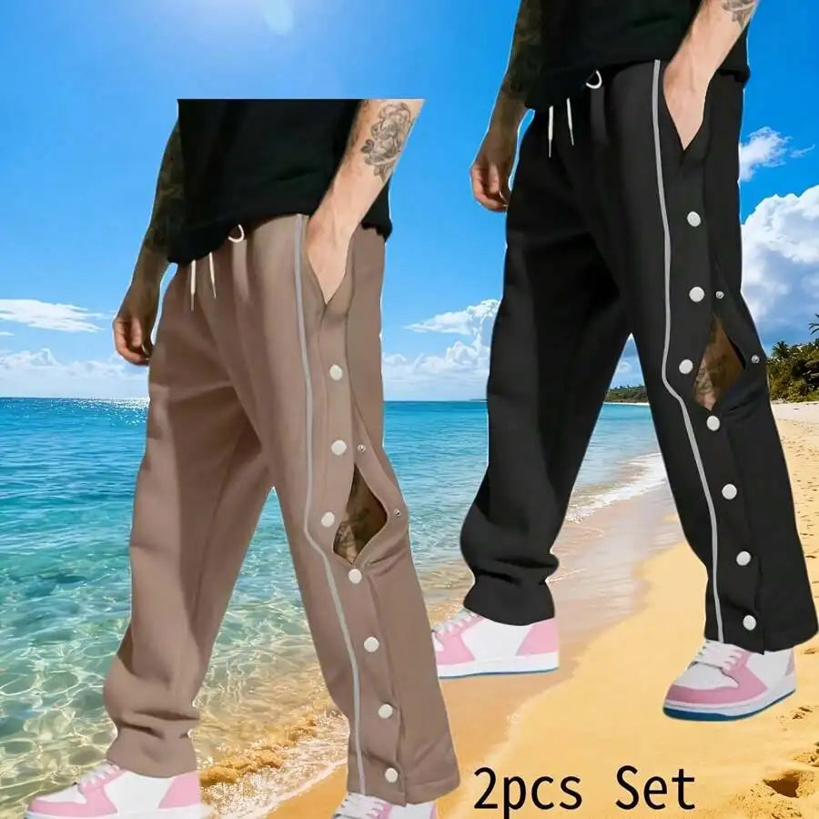 Men Two Piece Snap Button Workout Jogger Sweatpants Relaxed Fit