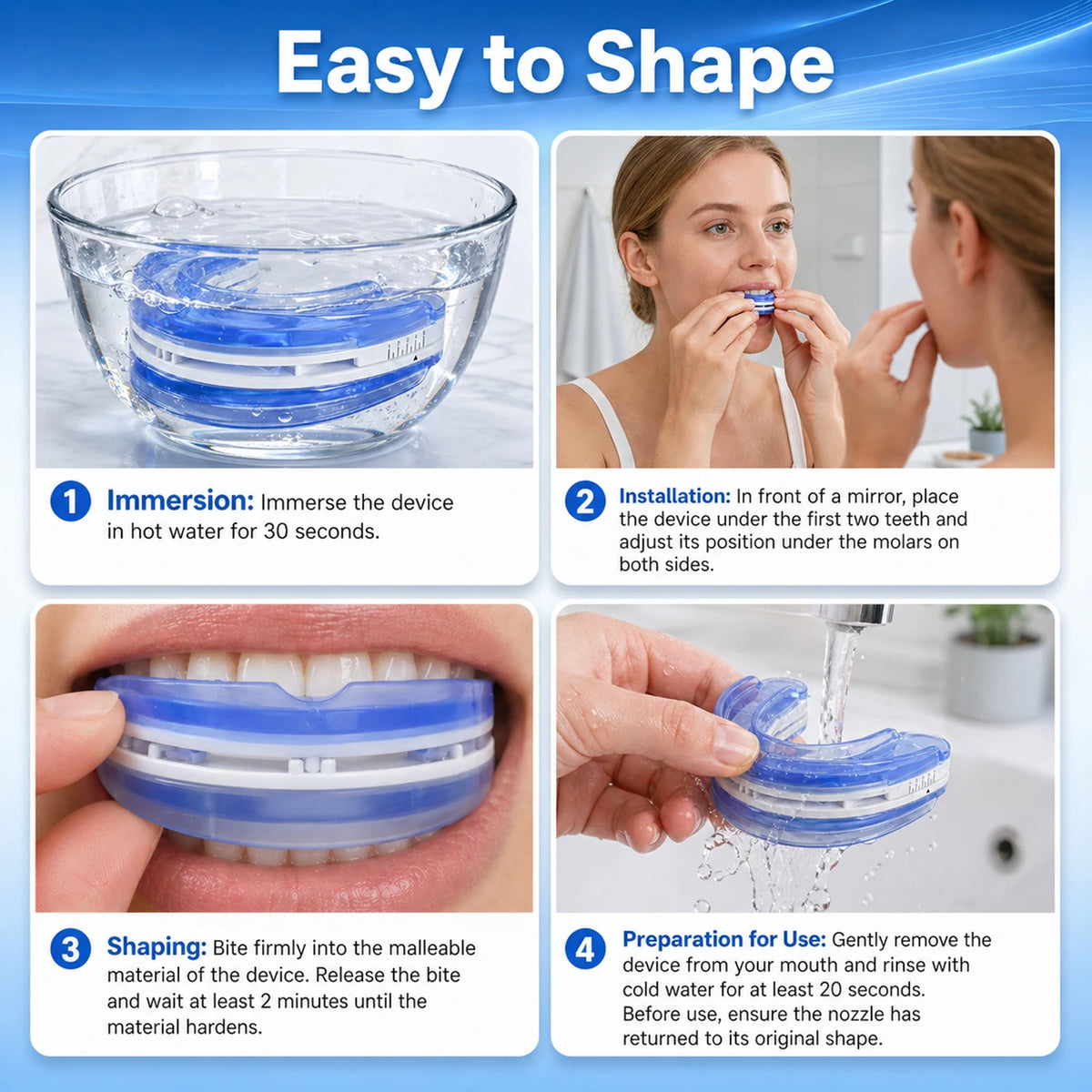 Adjustable Anti Snoring Mouthpiece for Adults, Boil and Bite Custom Fit Sleep Aid, 1mm-6mm Jaw Advancement Oral Device, Open Airflow Design, Reusable Night Guard with Portable Storage Case for Home Travel