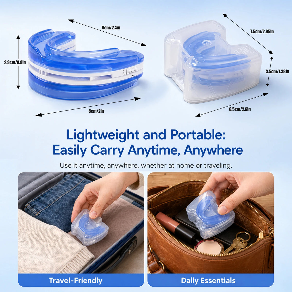 Adjustable Anti Snoring Mouthpiece for Adults, Boil and Bite Custom Fit Sleep Aid, 1mm-6mm Jaw Advancement Oral Device, Open Airflow Design, Reusable Night Guard with Portable Storage Case for Home Travel