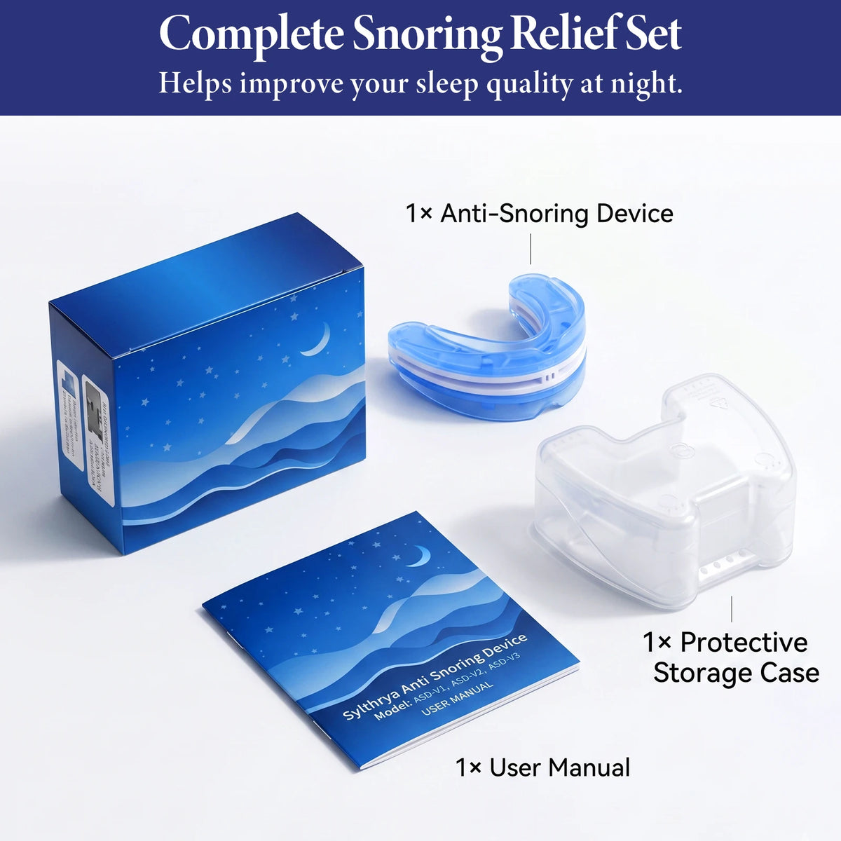 Adjustable Anti Snoring Mouthpiece for Adults, Boil and Bite Custom Fit Sleep Aid, 1mm-6mm Jaw Advancement Oral Device, Open Airflow Design, Reusable Night Guard with Portable Storage Case for Home Travel