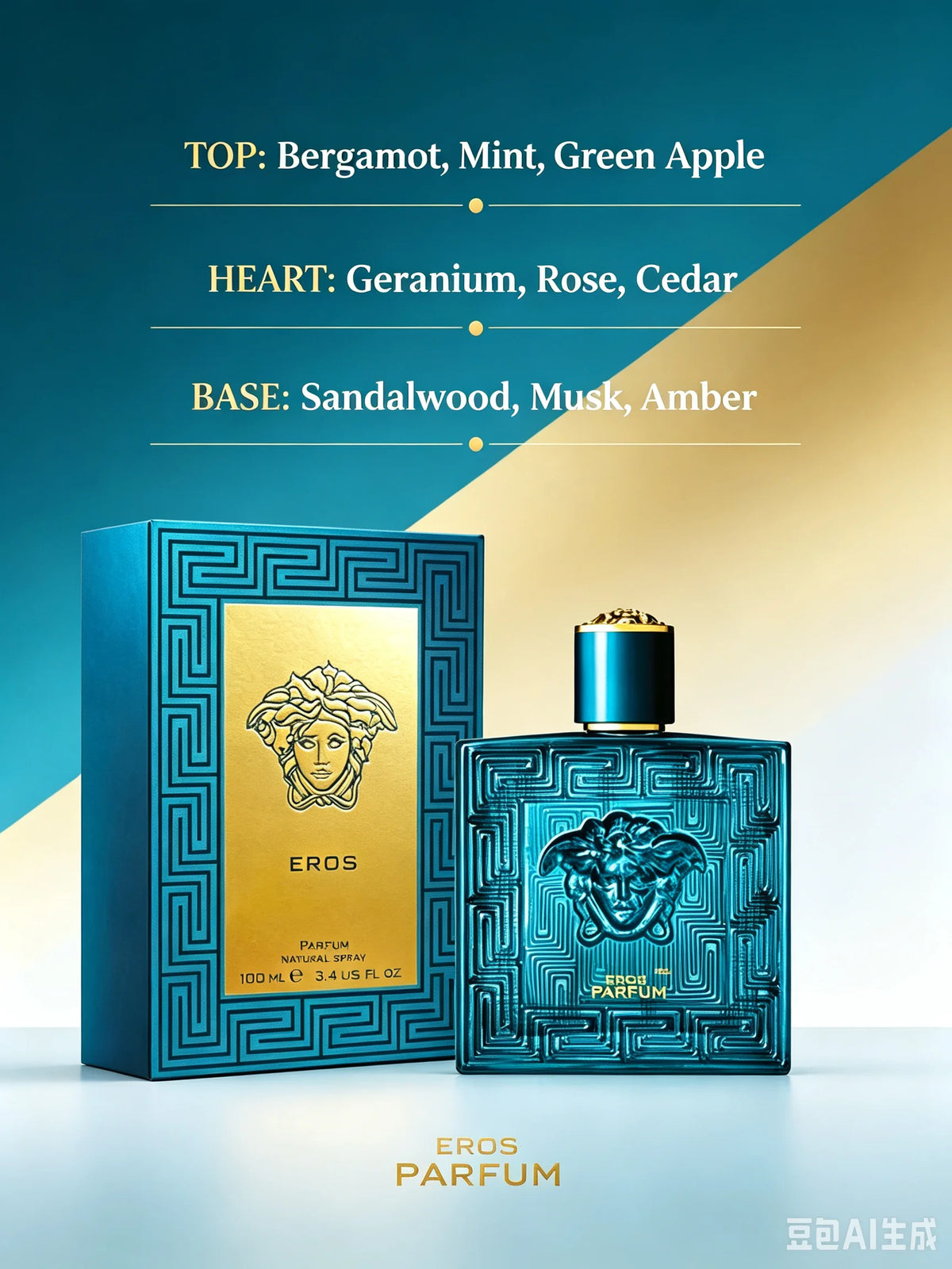 Versace Pour Homme Eros  3.4 Fl Oz 100ml, Fresh Woody Aromatic Mint Vanilla Men's Cologne with Apple Cedarwood Amber Musk, Long Lasting Intense Scent for Office Date Night Casual All Seasons, Luxury Gift for Him Same Authenti