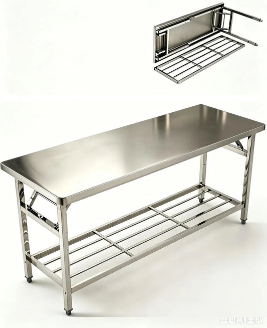 Stainless Steel Folding Prep Table with Undershelf for Home 700 lbs heavy load foldable portable design anti-slip adjustable legs easy wipe clean f