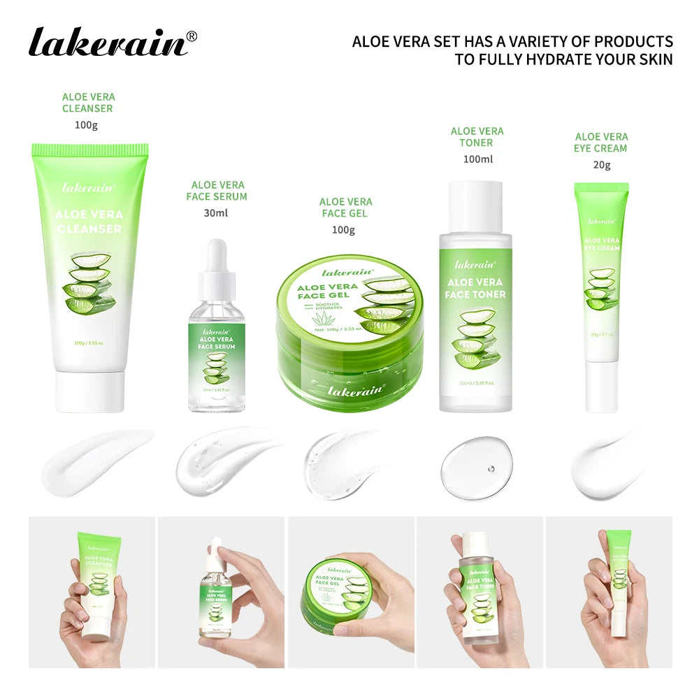 Aloe Vera 5 Pcs Skin Care Set Cleanser Toner Serum Eye Cream Gel Deeply Moisturizing Soothing Hydrating Calming Daily Facial Care