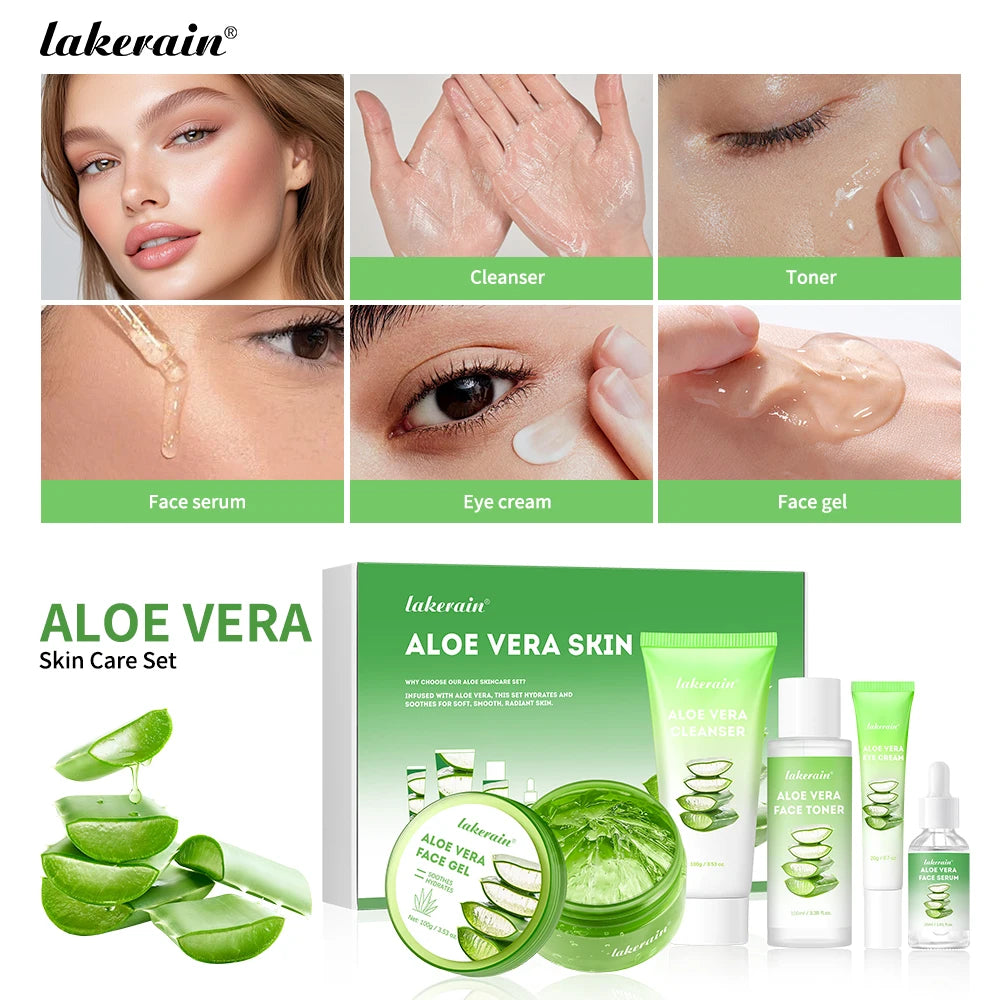 Aloe Vera 5 Pcs Skin Care Set Cleanser Toner Serum Eye Cream Gel Deeply Moisturizing Soothing Hydrating Calming Daily Facial Care