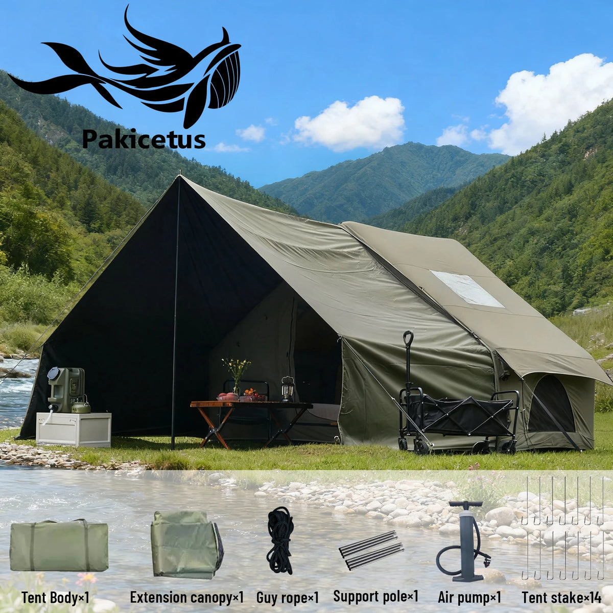 PAKICETUS Inflatable Camping Tent with Extended Sun Canopy Double Room Spacious Space for 4-6 Persons Windproof UV Protection Lightweight Portable All Weather Tent for Outdoor Hiking Family Vacation Trip