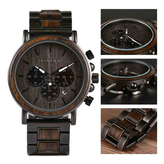 Bobo Bird Wooden Chronograph Watch - Lightweight Date Display Quartz Movement.