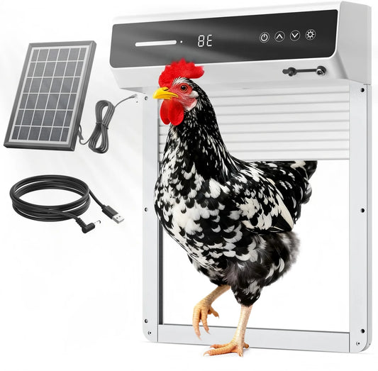 Solar Powered Chicken Coop Door Automatic Rolling Shutter Door with LCD Display Screen, Light Sensing Timed Pet Door，Support USB Charging Auto Open Close Chicken Door for Farm Backyard