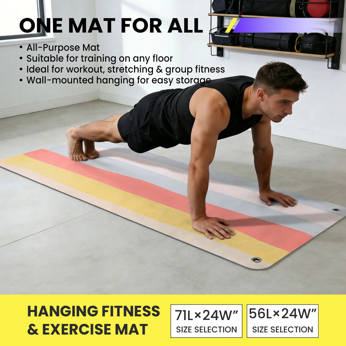 Hanging Fitness Exercise Mat, 71"×24" Non-Slip Foldable Workout Mat with Metal Grommets for Yoga Strength Training Home Gym