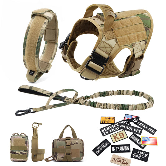 Military Large Dog Harness Collar Leash Bags Patches Set Pet Malinois Training Vests Tactical Dogs Harnesses Accessories