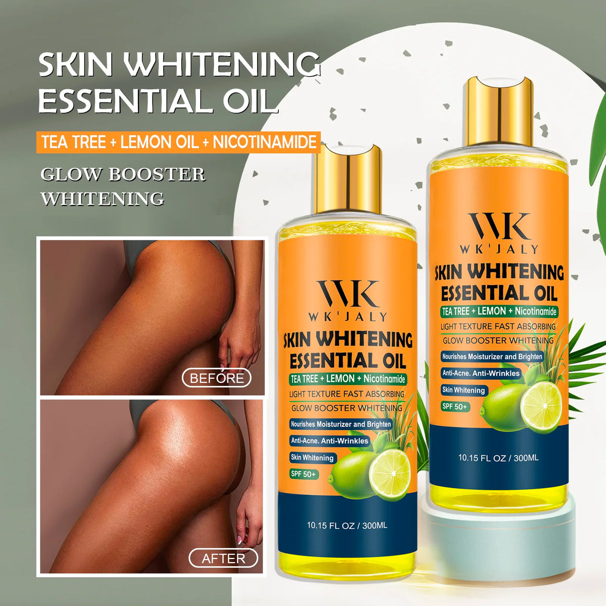 WK JALY Niacinamide Lightening Body Oil For All Skin, With Tea Tree, Lemon, Remove Acne, Fine Lines, Age Spot, Not Greasy, 300ml