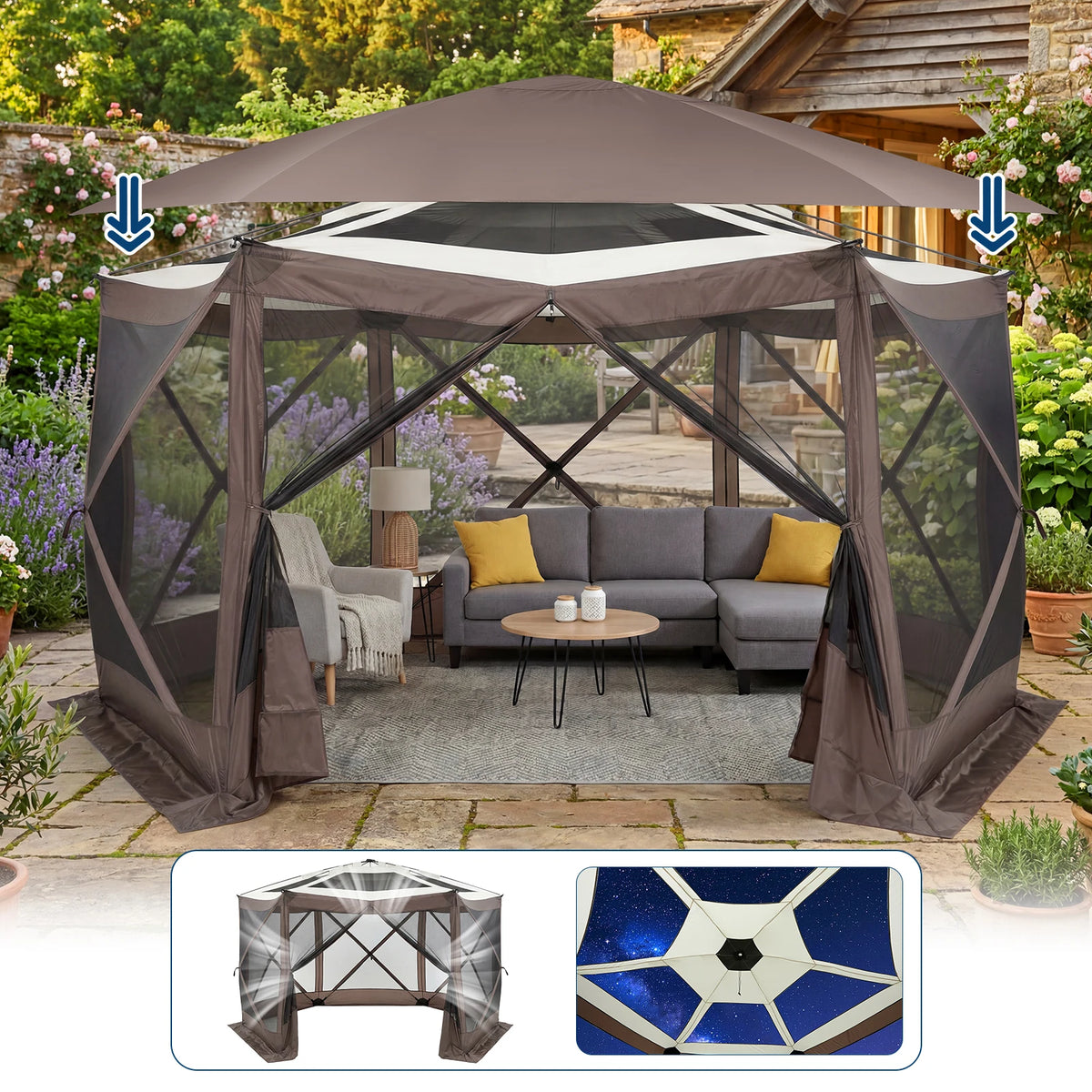 13x13FT 6-Sided Outdoor Canopy with Removable Wind Cloth and Carry Bag - Bite-Proof Mesh Patio Shelter for Backyard, Patio, Camping - Beige & Khaki / Green & Light Grey