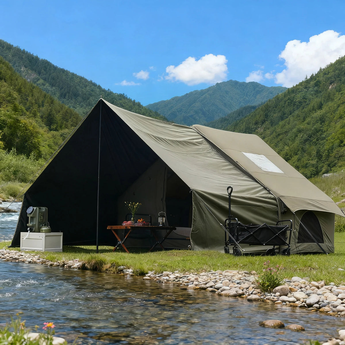 PAKICETUS Inflatable Camping Tent with Extended Sun Canopy Double Room Spacious Space for 4-6 Persons Windproof UV Protection Lightweight Portable All Weather Tent for Outdoor Hiking Family Vacation Trip