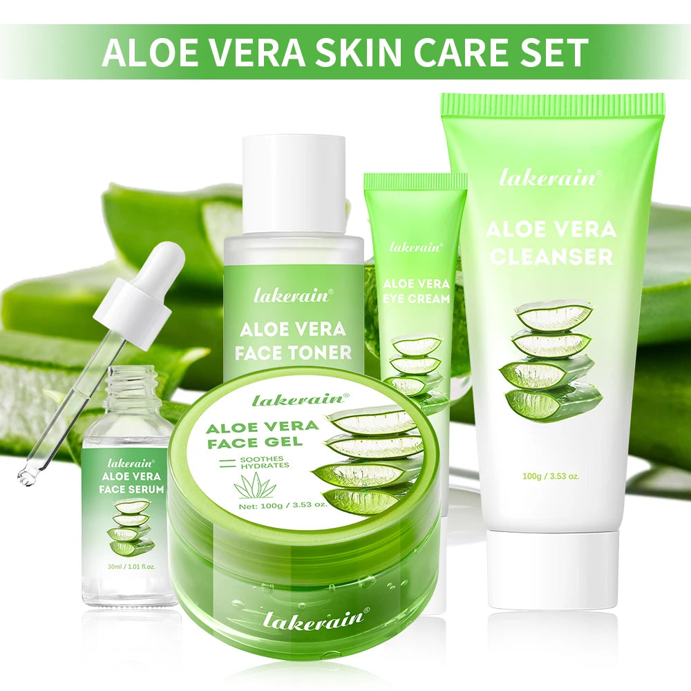 Aloe Vera 5 Pcs Skin Care Set Cleanser Toner Serum Eye Cream Gel Deeply Moisturizing Soothing Hydrating Calming Daily Facial Care