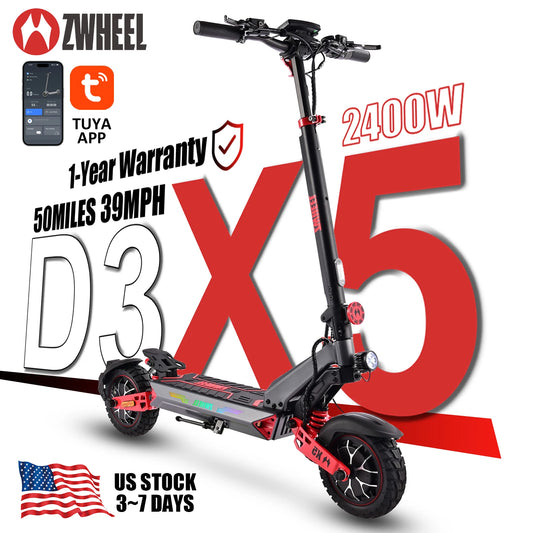 ZWHEEL D3 Dual Motors Electric Scooter 2400W All-wheel Drive Max Speed 39 MPH Max Range 50 Miles 960Wh Battery 1000 Cycles Bluetooth Locking and Unlocking Anti-theft Protection TUYA Smart APP 10''Off-Road Tires Low Noise Perf