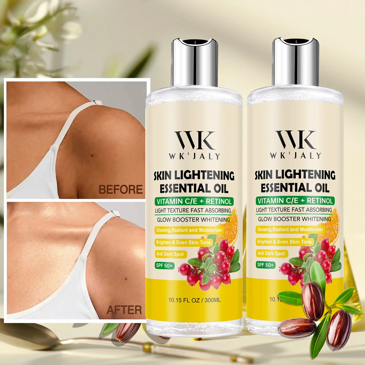 WK JALY Lightening Body Oil, Deeply Moisturizing, Hydration, Smooth Skin, Reduce Spots, Melanin, for Dark, Black, Caramel Skin