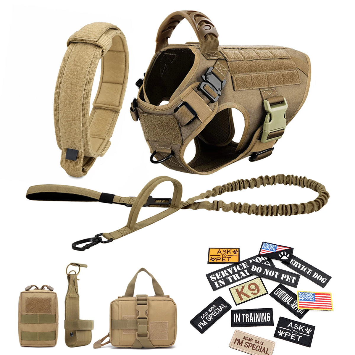 Military Large Dog Harness Collar Leash Bags Patches Set Pet Malinois Training Vests Tactical Dogs Harnesses Accessories