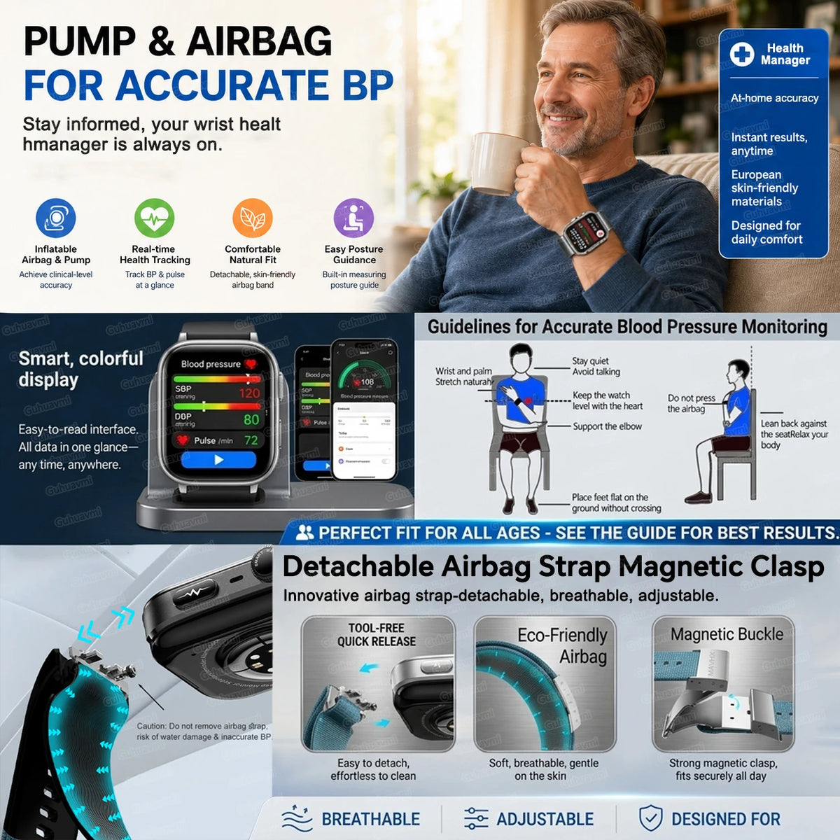 Advanced Airbag Blood Pressure Smart Watch With Voice Health Alerts