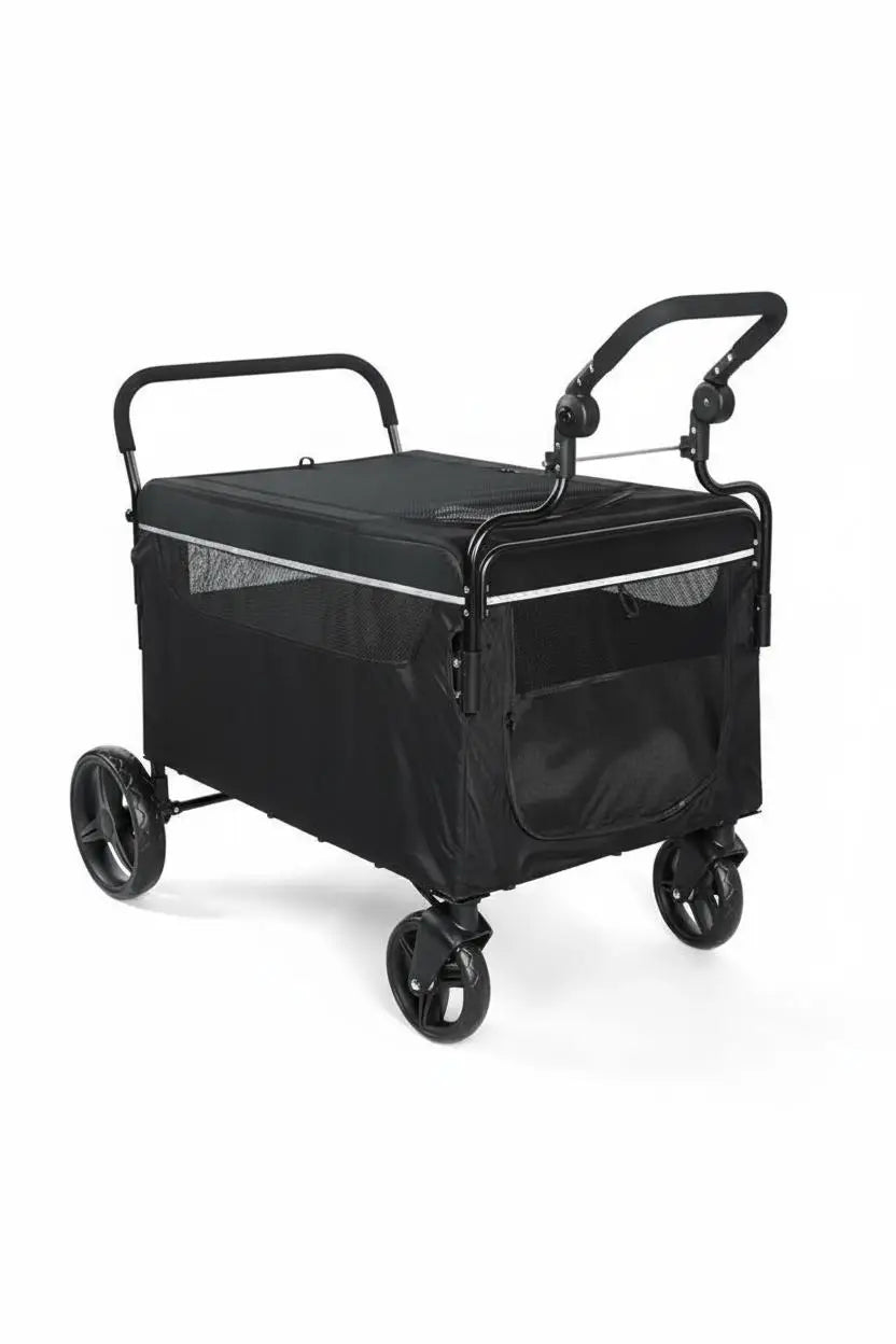 Foldable Pet Stroller Wagon With Mesh Windows And Safety Tether