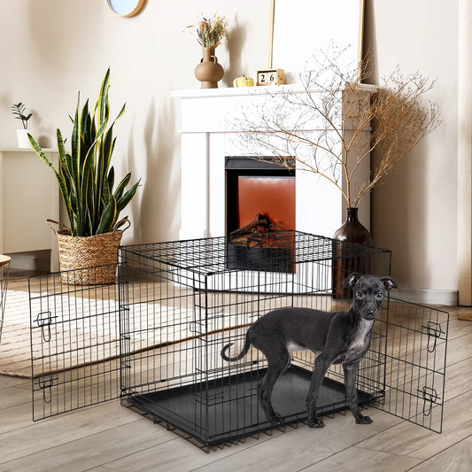 JHK 48 Inch Double Door Folding Dog Cage - Leak Proof Secure Pan Tray
