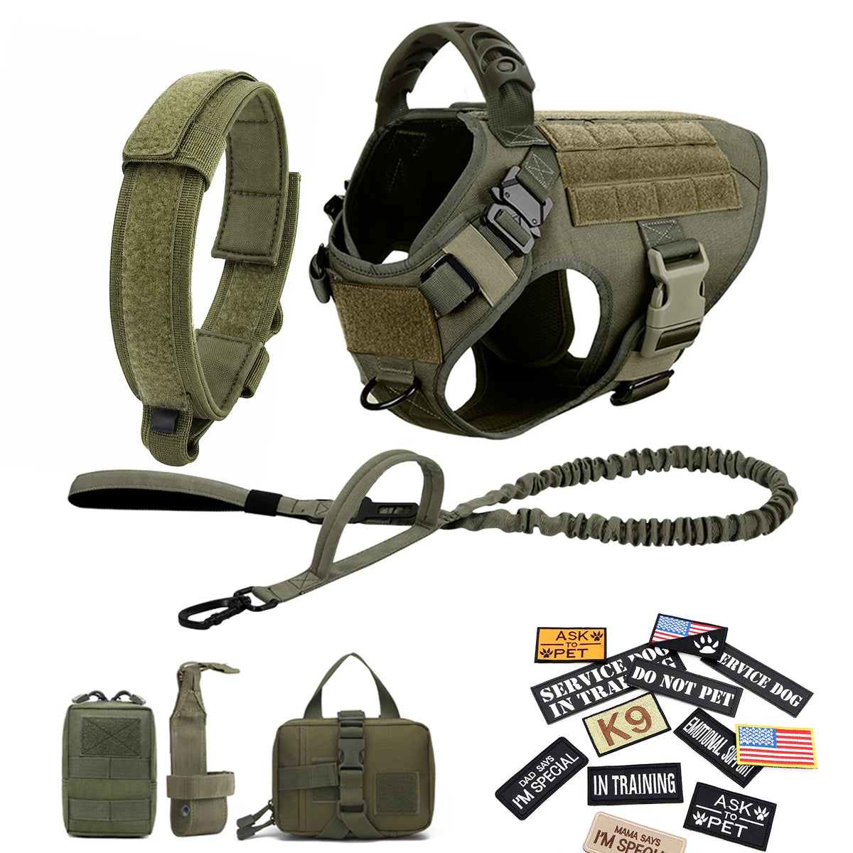 Military Large Dog Harness Collar Leash Bags Patches Set Pet Malinois Training Vests Tactical Dogs Harnesses Accessories