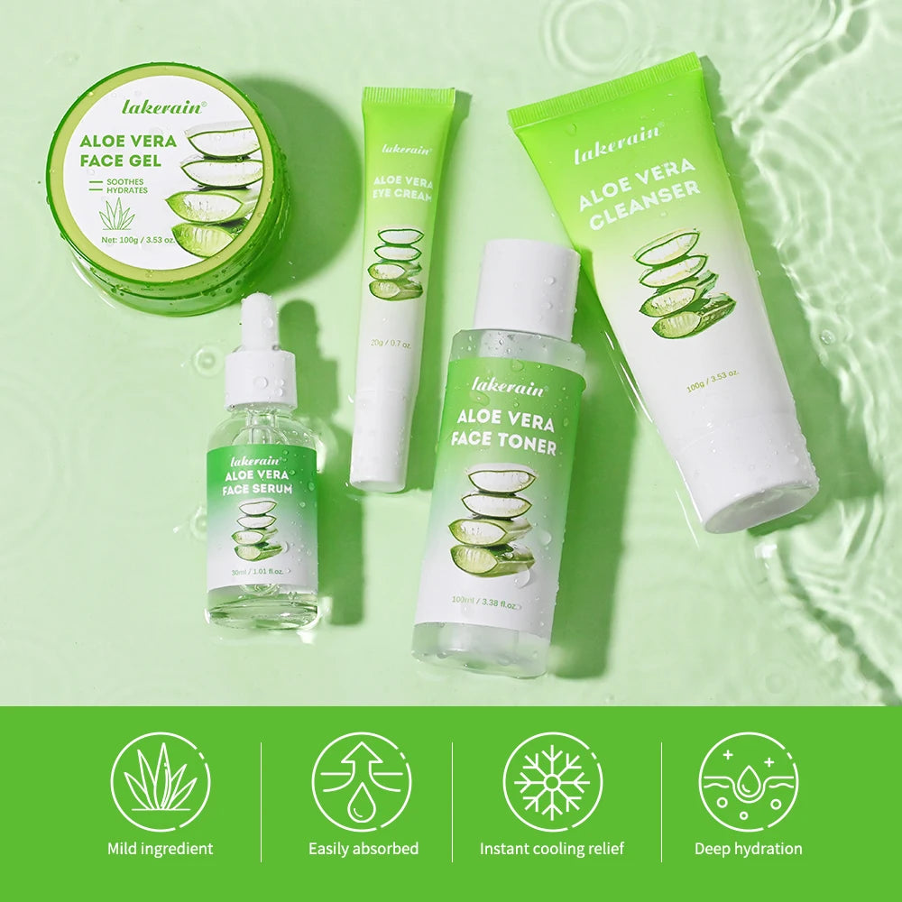 Aloe Vera 5 Pcs Skin Care Set Cleanser Toner Serum Eye Cream Gel Deeply Moisturizing Soothing Hydrating Calming Daily Facial Care