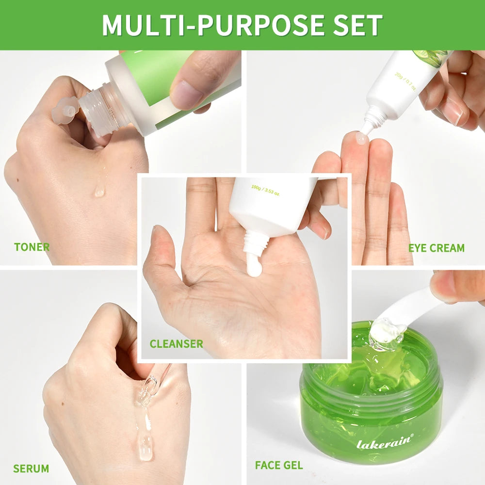 Aloe Vera 5 Pcs Skin Care Set Cleanser Toner Serum Eye Cream Gel Deeply Moisturizing Soothing Hydrating Calming Daily Facial Care