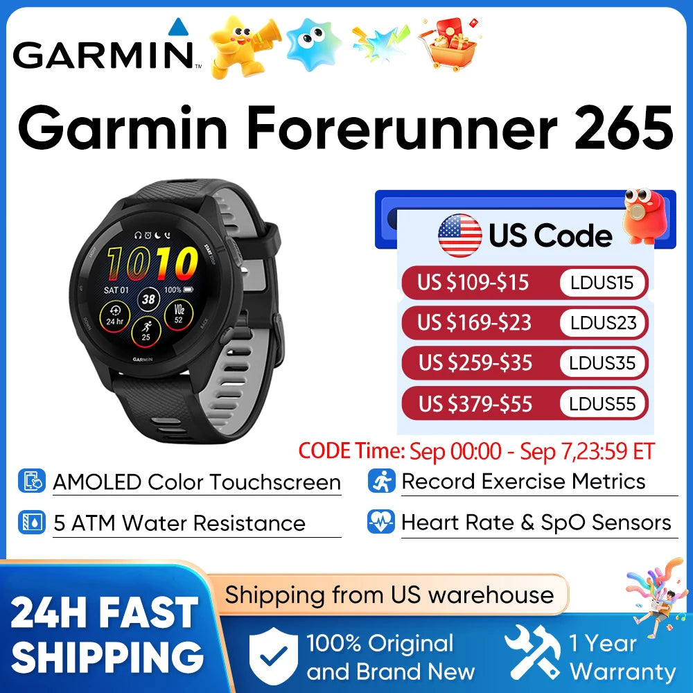 Garmin Forerunner 265 GPS 46mm Smartwatch 1.3" AMOLED Touchscreen Display Heart Rate Monitoring Training Metric Message Notice