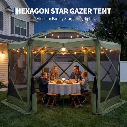 13x13FT 6-Sided Outdoor Canopy with Removable Wind Cloth and Carry Bag - Bite-Proof Mesh Patio Shelter for Backyard, Patio, Camping - Beige & Khaki / Green & Light Grey