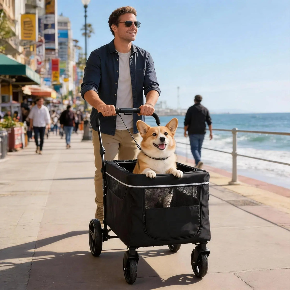Foldable Pet Stroller Wagon With Mesh Windows And Safety Tether