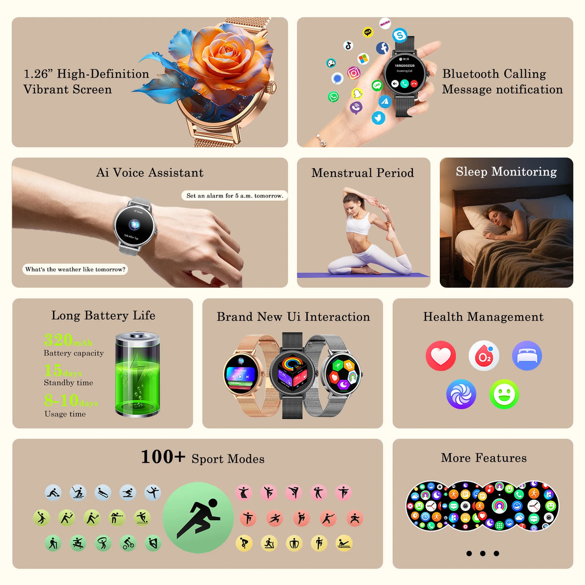 Blackview X30 Women's Smartwatch with Health Monitor Fitness Tracker 1.26” AMOLED Screen Bluetooth Smartwatch for Android IOS