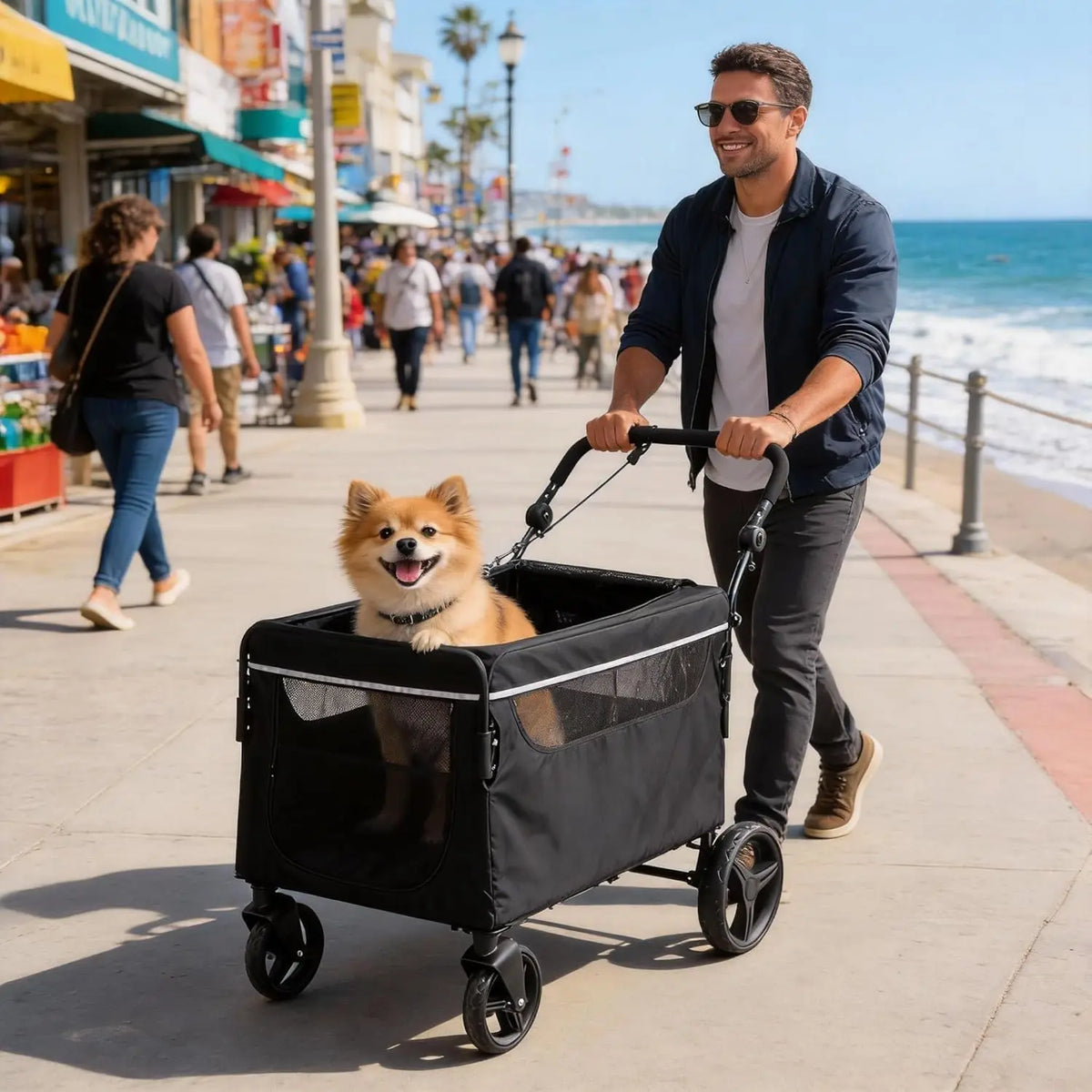 Foldable Pet Stroller Wagon With Mesh Windows And Safety Tether